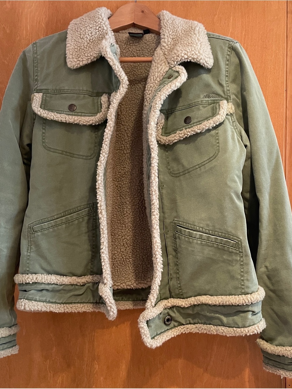 Vintage Y2K Volcom Gals Sherpa Denim Jacket Light Green Sage Skater Grunge Coat